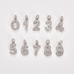 Ciondoli con numerazione in micro pavé di zirconi cubici, pendenti con pavé, ciondoli con lettere in argento, accessori con numeri pavé, ciondoli con numeri da 0 a 9 CP066