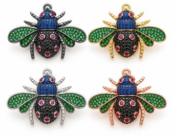 Gold Filled CZ Bee Charm, Colorful Rhinestone Honeybee Pendant with Blue Green Black and Pink CZ, Insect Jewelry Making Supply, CP147A