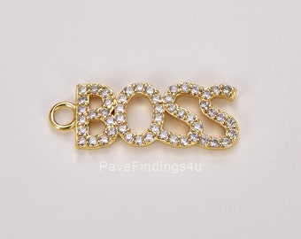 18K Gold Boss CZ Micro Pave Charm Pendant, Boss Charm, Boss Necklace, Gift For Boss, Charm Necklace, Cubic Zirconia, 29x10mm, CP1044