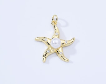 Dainty Starfish Pearl Charm, Gold Filled Starfish Pendant CZ Micro Pave, Starfish Charm for Bracelet Necklace DIY Jewelry Making, CP2167