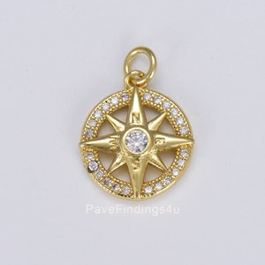 18K Gold Compass Starburst CZ Charm, Micro Pave Cubic Zirconia Star Charm, North Star Charm, Star Charm for Bracelet Necklace Charm, CP1405