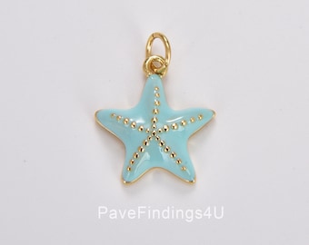 Dainty Seafoam Blue Starfish Pendant, Gold Filled Beaded Texture Seafoam Blue Enamel Starfish Charm, 19x15mm, CP1764