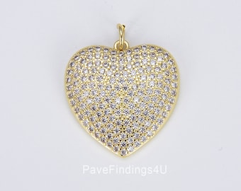 Dainty CZ Micro Pave Heart Pendant Charm, Cubic Zirconia Pave Heart Shape Charm, 18K Gold Heart Charm, 12x21mm, CP968