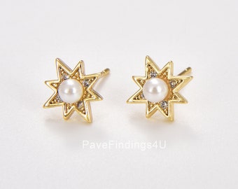 1 pair Starburst Pearl Stud Earrings, Gold Filled CZ Star Earrings, Dainty North Star Earrings, Minimalist Earrings, Gift for Woman, ER230
