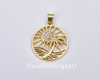 Palm Tree Sunrise Charm Gold Filled California Dream Beach Charm, Hawaii Charm, Vacation Tropical Summer Pendant for Gift Shop Supply CP1881