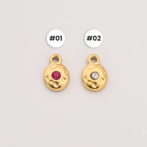 May include: Two gold-colored, textured charms with a small loop at the top. One charm has a red gemstone, and the other has a clear gemstone. The charms are labeled #01 and #02.