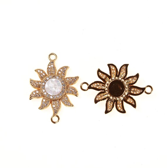 Gold Silver Pave Connector,26x18mm|CN083 CZ Micro Pave White Abalone Shell Inlay Floral Connector 24K Gold Filled Opal Sunburst Connector