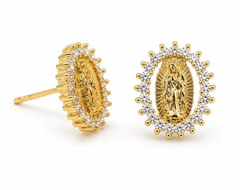 Gold Filled Virgin Mary Earrings, Catholic Religious Earrings, Blessed Mother Stud Earrings, Rhinestone Mary Jewelry, Faith Gift, ER140
