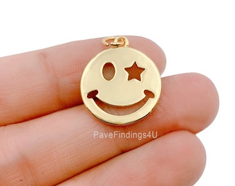 14K Gold Happy Face Charm, Gold Emoji Charm Star Smile Charm