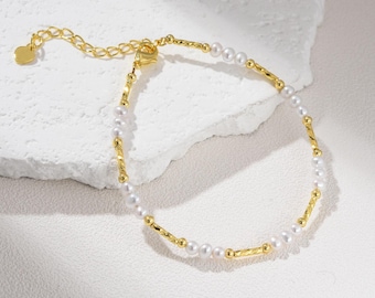 Bracciale di perle d'acqua dolce riempito d'oro, braccialetto di perline regolabile, gioiello minimalista, elegante e delicato, regalo per donna, da indossare tutti i giorni, BR094
