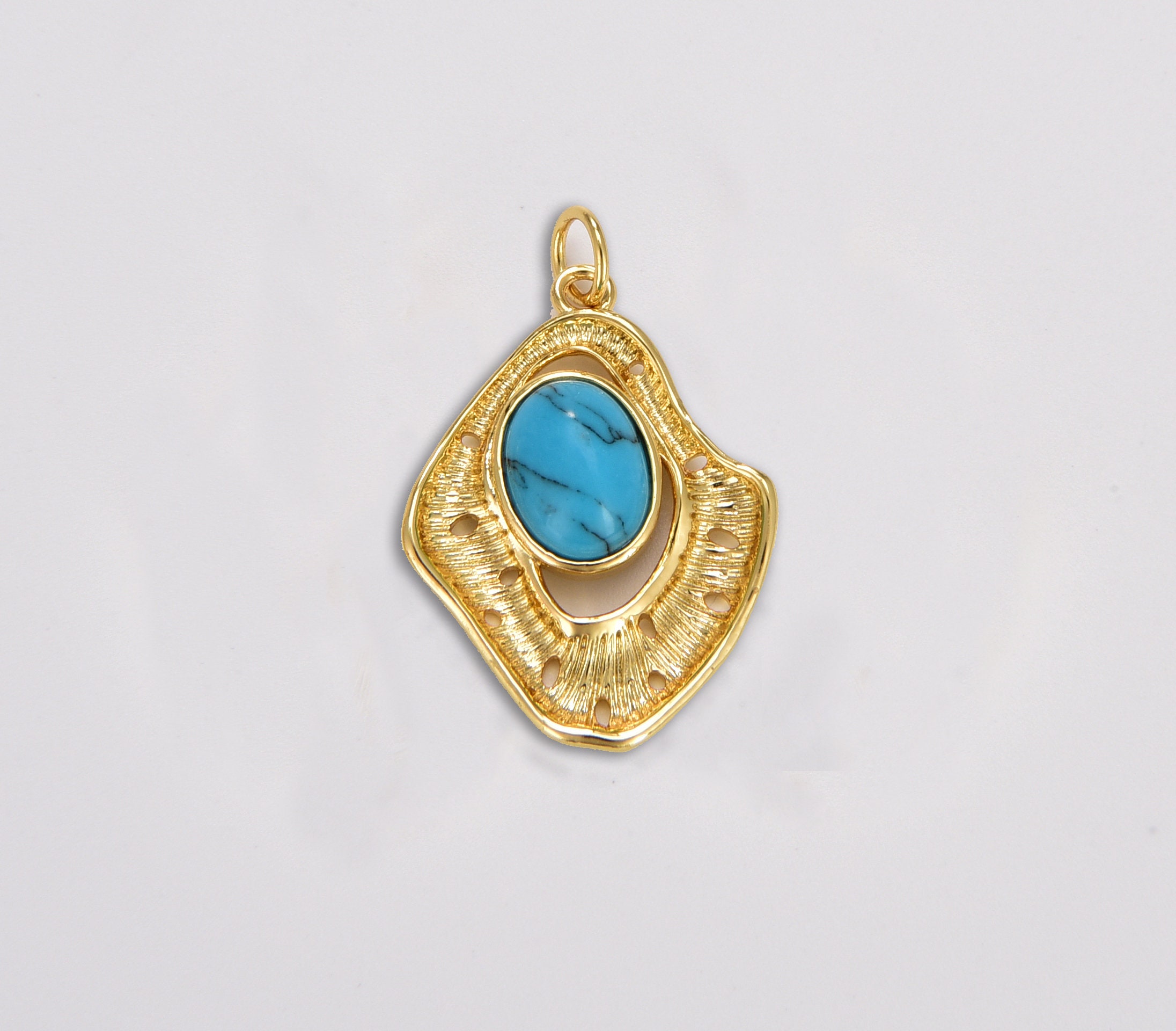 Pendentif Breloque Or 18 Carats - Turquoise Bleue Naturelle - Fait Main Inde - Neuf