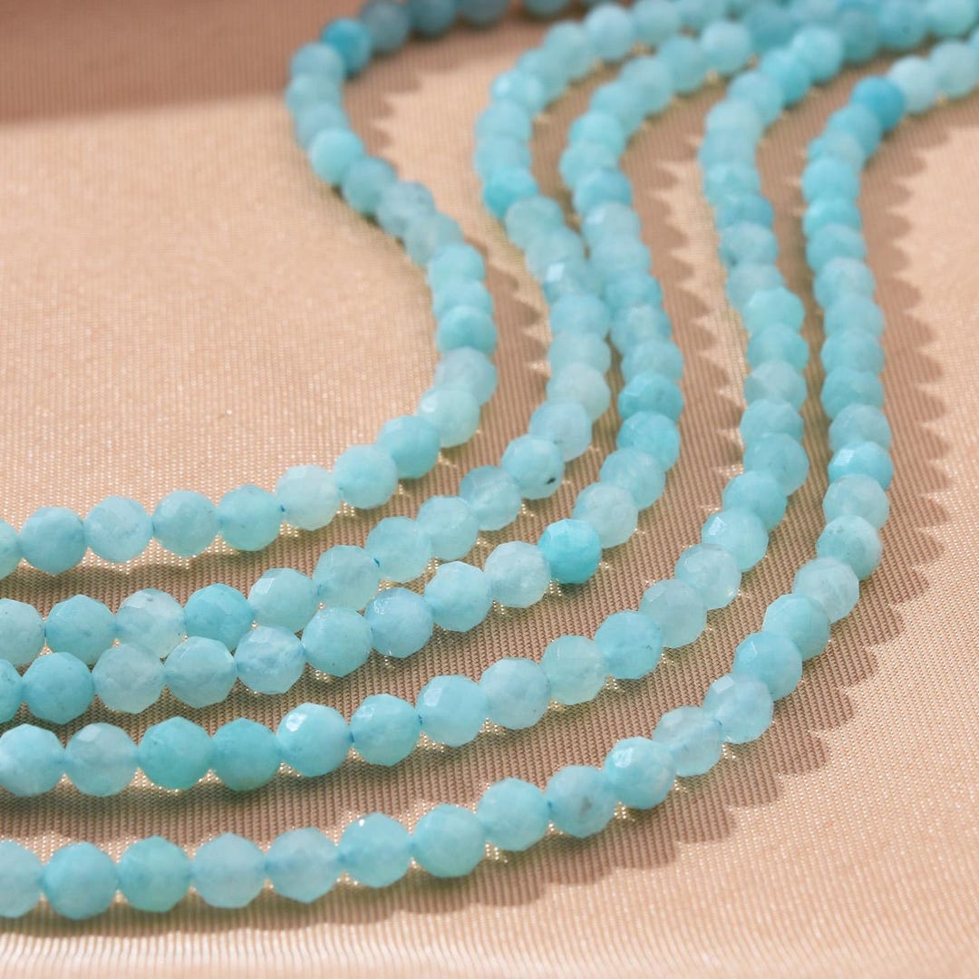 Perles Rondes Facettées En Amazonite Bleue Naturelle - Lot 2-3 Mm, Inde, Pour Création Bijoux