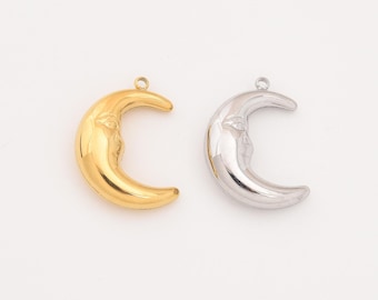 Gold Filled Moon Face Charm, Crescent Pendant with Face in Stainless Steel, DIY Necklace Bracelet Jewelry Gift Making Supply, SCP036