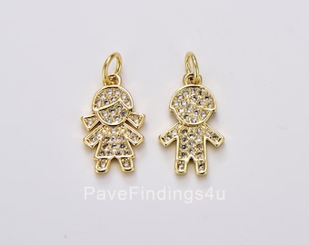 18K Gold Boy and Girl Charm Pendant, CZ Micro Pave Boy and Girl Pendant, Kids Charm, Cubic Zirconia, Charm Necklace, 15x10mm, CP1181