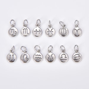 May include: Twelve silver charms featuring the astrological signs of the zodiac. The charms are round and have a cutout design of each sign.