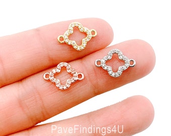 Conector de dije de trébol de cuatro hojas en oro de 14 quilates, con micropavé de circonita cúbica para pulseras, collares, pendientes, joyería, 14 x 10 mm, CN012