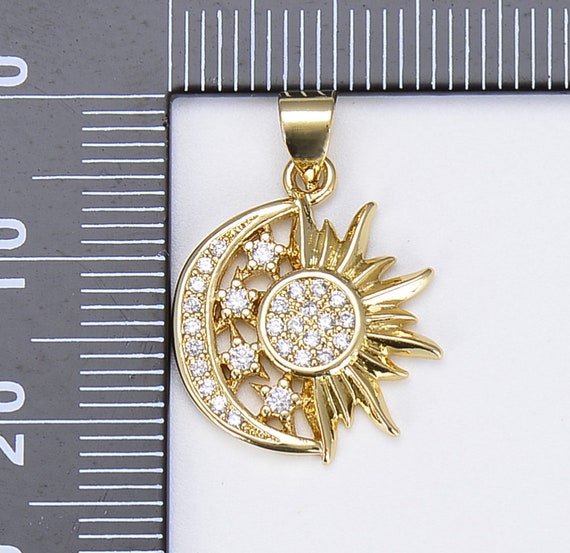 18K Gold Sun and Moon Charm, Micro Pave Celestial Sunshine Charm
