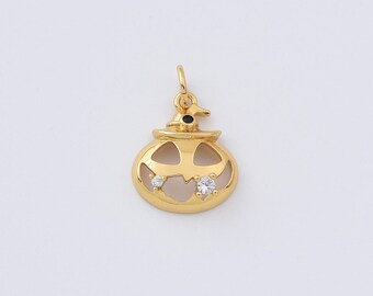 Gold Filled Pumpkin Charm, Jack O Lantern Halloween Pendant with CZ for DIY Necklace Bracelet Jewelry Making, Spooky Gift for Her, CP2295