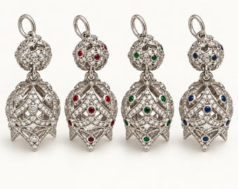 Silver CZ Filigree Tassel Charm, Ornate Rhinestone Pendant, Crystal Dangle Charm for Necklace Bracelet Jewelry Making Supplies, CP501