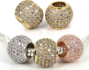 Pave CZ Bead, 4mm Large Hole Bead, Micro Pave CZ Shamballa Ball Gran agujero, Cubic Zirconia, Pave bead, 8mm/10mm/12mm/14mm/16mm