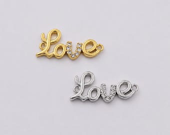 Gold Filled Love Connector Charm with Pave CZ, Script Word Pendant for DIY Jewelry Making, Bracelet Necklace Connector Supply, CN491