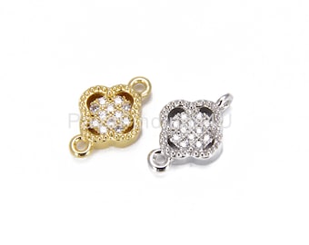 18K Gold Four Leaf Clover Connector, CZ Mirco Pave Good Luck Charm, Clover Necklace, Flower Charm, Clover Charm, 12x8mm, CN227