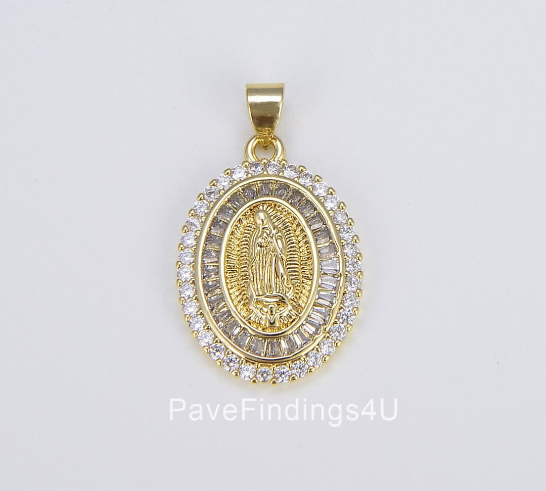 Blessed Virgin Mary 18K Gold Charm, Lady of Guadalupe Pendant, Oval ...