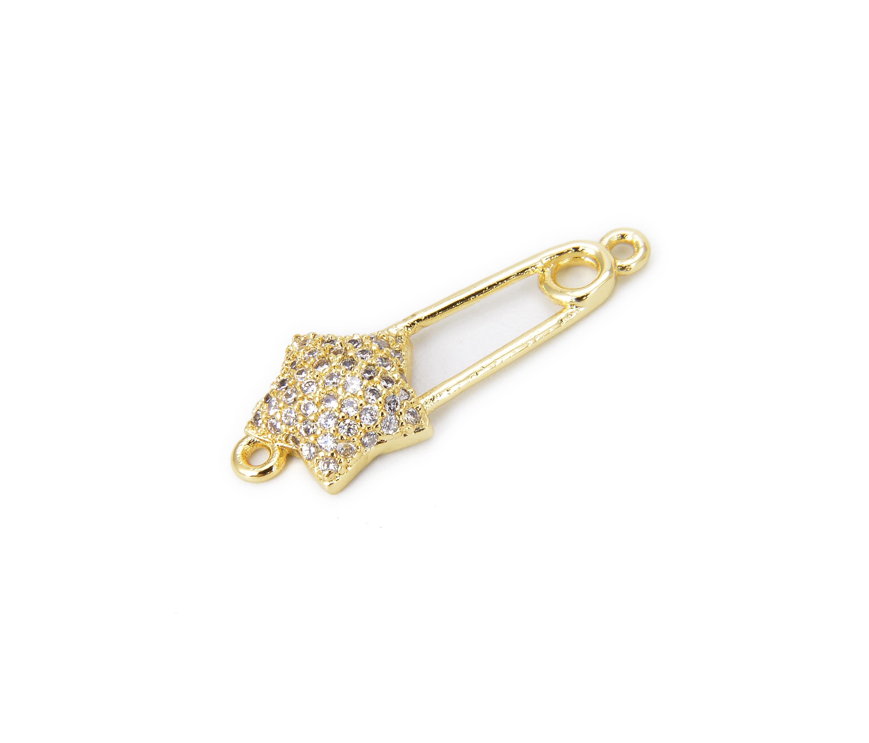 Star Safety Pin Connector, 18K Gold CZ Micro Pave, Safety Pin