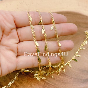 18K Gold Leaf Charm Chain Jewelry Supplies, Round Gold Leaf Chain by Foot, Polished 18K Gold Leaf Link Chain,  CH223