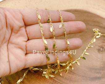 18K Gold Leaf Charm Chain Jewelry Supplies, Round Gold Leaf Chain by Foot, Polished 18K Gold Leaf Link Chain,  CH223