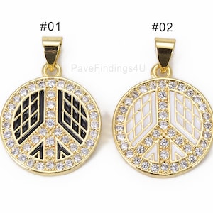 18K Gold Enamel Peace Sign Charm, Peace Symbol Pendant, Charm Bracelet, Charm Necklace, Cubic Zirconia, 25x18mm, CP858