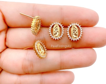 Our Lady of Guadalupe 22K Gold Earrings CZ Micro Pave Virgin Mary Earrings Virgen de Guadalupe, Gold Studs earrings 11mm ER140