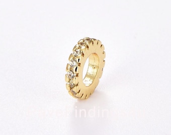 14K Gold CZ Micro Pave Rondelle Big Hole Spacer Beads, Large Hole Spacer Beads, Sliding Beads for Charm Necklace Bracelet, SP065