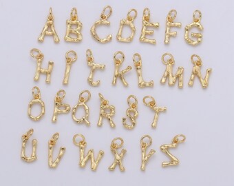 Gold Bamboo Initial Letter, Alphabet Bamboo Charm, Gold Filled Over Brass Bamboo Pendant Charm for Necklace Bracelet Component, CP989