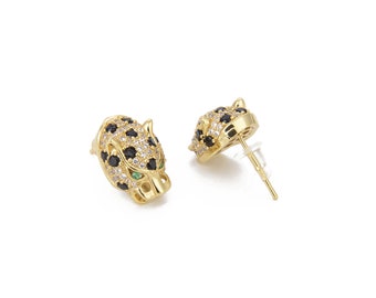 Panther CZ Micro Pave 18k Gold Push Back Ohrringe, Leopard Ohrringe, Katzen Ohrringe, Jaguar Ohrringe, 15 x 10 mm, ER087-E1108