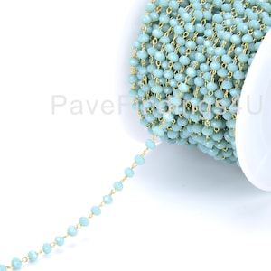 Turquoise Crystal Rondelle Faceted Beaded Chain 14K Gold Crystal Beaded Rosary Necklace Chain, Bulk Chain, Jewelry Making Supply 3mm, CH029