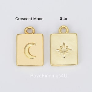 Dainty 18K Gold Crescent Moon and Star Tag Charm, Celestial Jewelry for Necklace Bracelet Earrings Supply Component, 10mm, CP1177