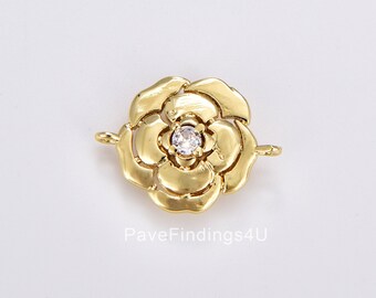 Connecteur à breloques en forme de fleur rose délicat, connecteur de maillon de fleur pavé CZ rempli d'or pour composant de collier, fabrication de bijoux, CN460