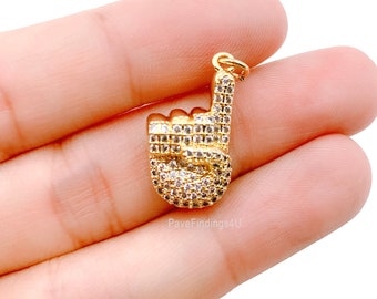 Number One Hand Sign Charm, 24K Gold CZ Micro Pave Hand Sign Pendant, Cubic Zirconia, Hand Gesture, Pointing Hand Charm, 12mm, CP1200