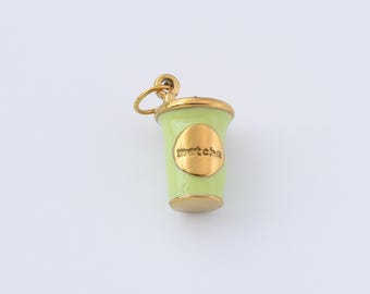 Matcha Cup Charm, Green Enamel Drink Pendant, Gold Filled Cute Tea Cup Charm for Necklace or Bracelet Jewelry Making, Barista Gift, CP2305