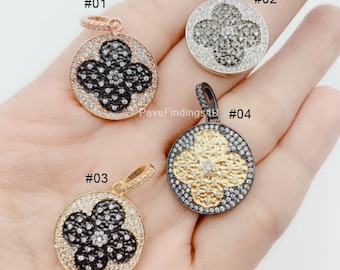 Pingente de trevo em ouro 14K com micro pavê de zircônia cúbica, trevo de quatro folhas, pingentes de trevo, pingente de trevo, amuleto da sorte, 28 x 20 mm, CP794