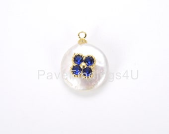 18K Gold Freshwater Pearl Four Leaf Clover Charm Pendant, Sapphire CZ Micro Pave Clover Pendant, Clover Pearl Charm, 18x14mm, CP748