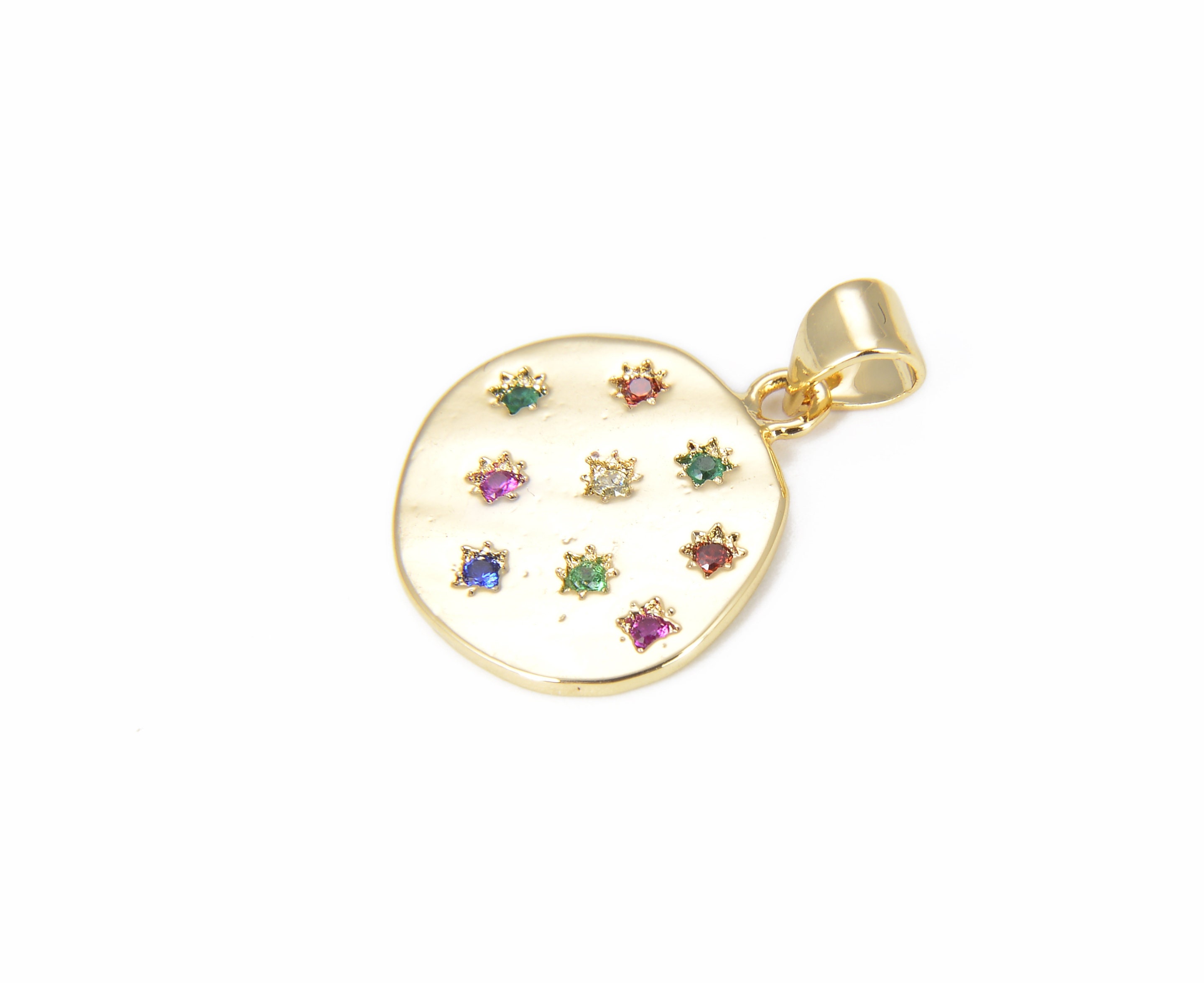 ゴールド ディスク チャーム ペンダント CZ、ディスク ネックレス、14K