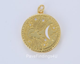 Enamel Celestial Charm, Gold Round Coin Disc Sun Moon and Star Pendant, Celestial Medallion Charm for Necklace Bracelet Component, CP1636