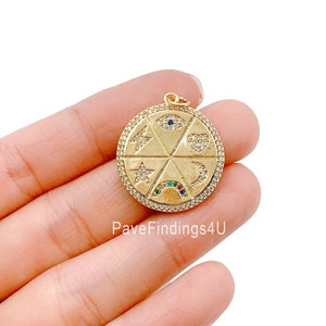 Ciondolo con ciondolo micro pavé di zirconi colorati celesti, ciondolo con ciondoli arcobaleno con pavé di zirconi in oro 22 carati, stella lunare, cuore, occhio, 26x23mm, CP962