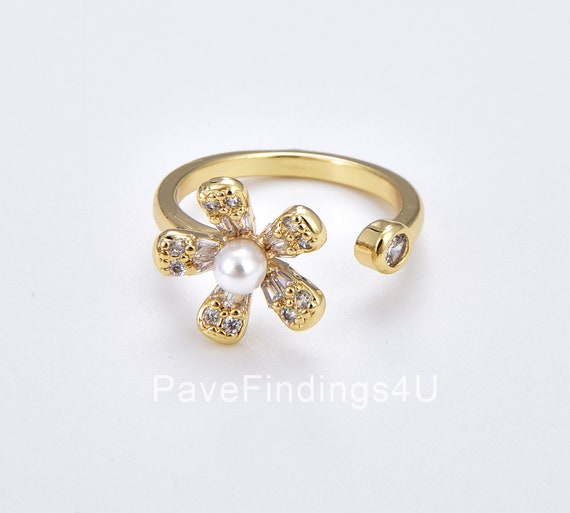 Dainty Flower CZ Ring With Pearl, Open Adjustable Pearl Ring, Gold