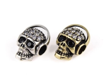 Espaciador de cuentas con forma de cabeza de calavera con micro pavé de circonitas cúbicas, cuenta de calavera con circonitas cúbicas en tono antiguo, para bricolaje y fabricación de joyas, 17 x 12 mm, BD677