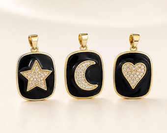 Black Enamel Star Moon Heart Charm, Gold Filled Celestial Pendant Necklace, CZ Crystal Jewelry, Unique Gift for Her, Statement, CP1061