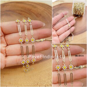 Daisy Flower Enamel Chain by Yard, Gold Filled Elongated Unique Paperclip Chain by Foot, Wholesale Bulk Roll Chain for Jewelry Making, CH312