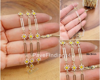 Daisy Flower Enamel Chain by Foot, Gold Filled Elongated Unique Paperclip Chain by Foot, Wholesale Bulk Roll Chain for Jewelry Making, CH312